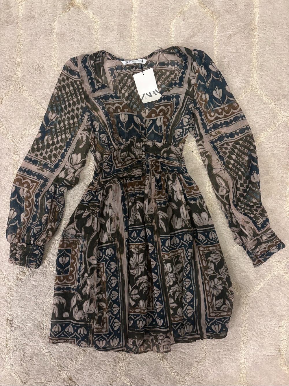 Zara Brown & Teal Patterned Long-Sleeve Mini Dress